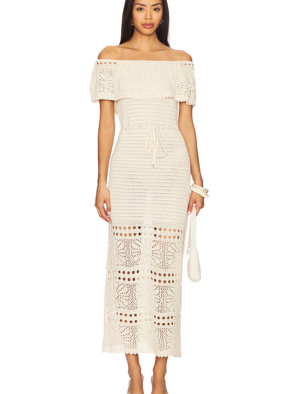 Off-Shoulder Crochet Maxi Dress in Cream